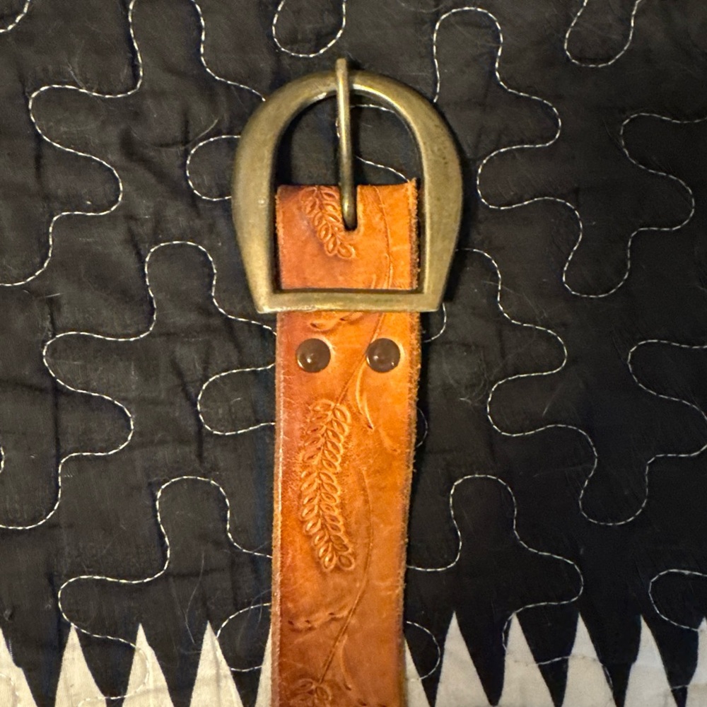 Brown vintage hand tooled Leather Belt with Brass Buckle